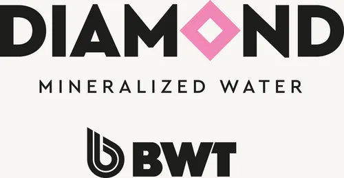 Diamond Mineralized Water logo in black with pink diamond shape and BWT branding